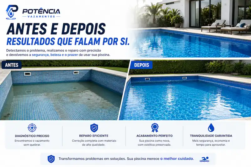 Antes e depois de reparo realizado em piscina com vazamento