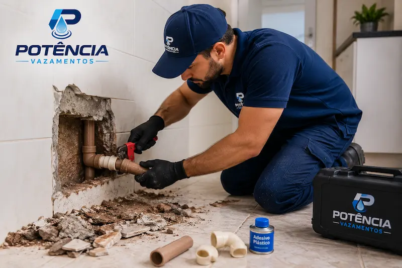 Técnicos realizando reparo localizado em tubulação com vazamento