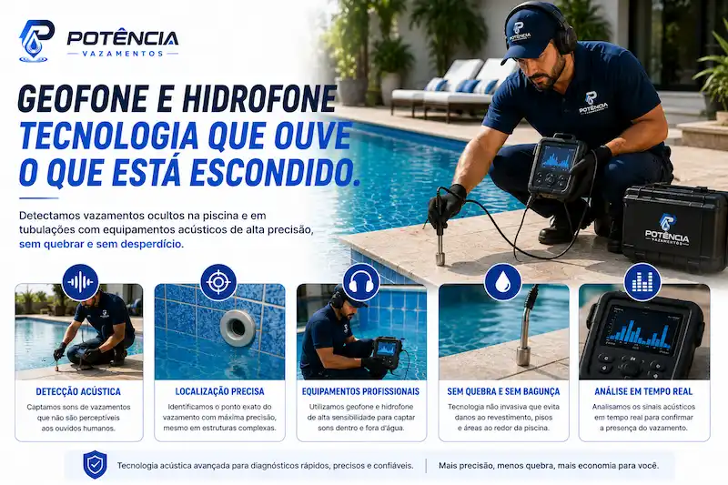 Técnico utilizando geofone e hidrofone para localizar vazamento em piscina