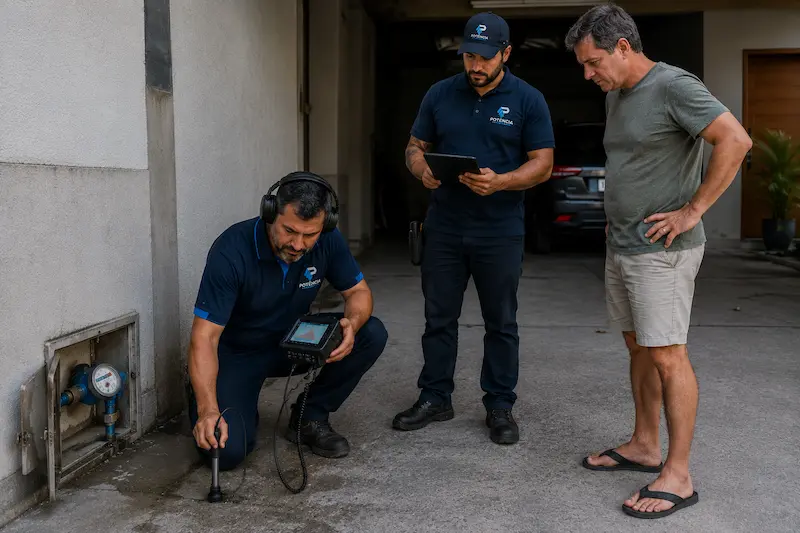 Técnicos da Potência Vazamentos verificando conta de água alta próximo ao hidrômetro