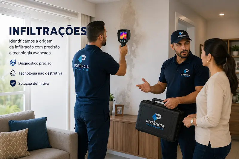 Técnicos utilizando câmera térmica para verificar infiltração na parede