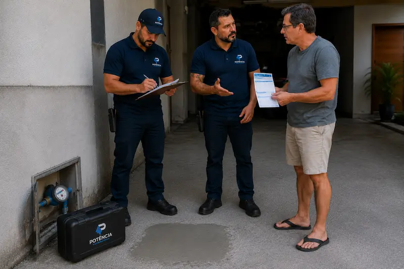 Técnicos da Potência Vazamentos preenchendo laudo técnico após serviço concluído