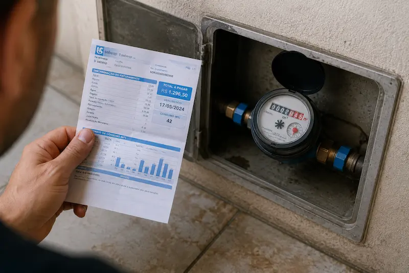 Pessoa comparando conta de água alta com o hidrômetro