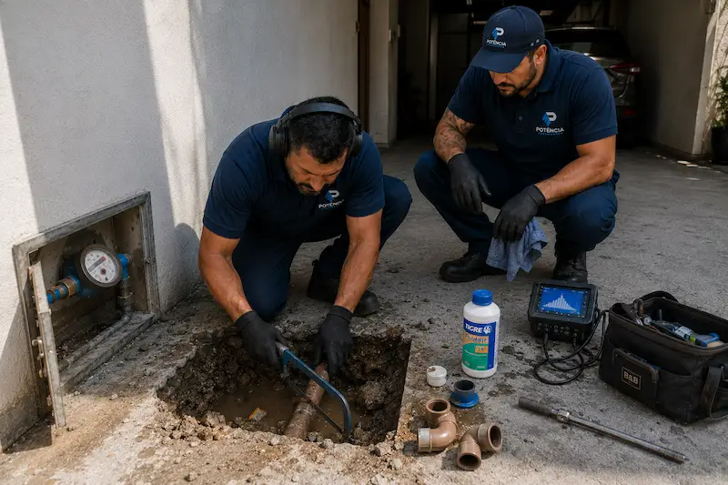 Equipe Potência Vazamentos localizando vazamento oculto com geofone