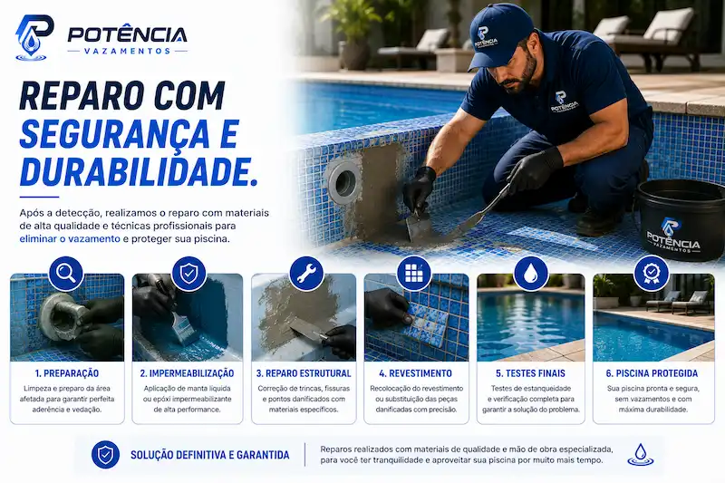 Técnico realizando reparo localizado em piscina