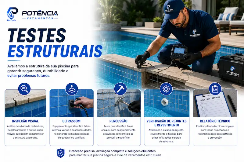Técnico realizando testes estruturais em piscina