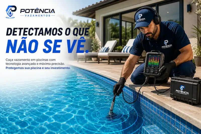 Técnico utilizando equipamento profissional para localizar vazamento em piscina