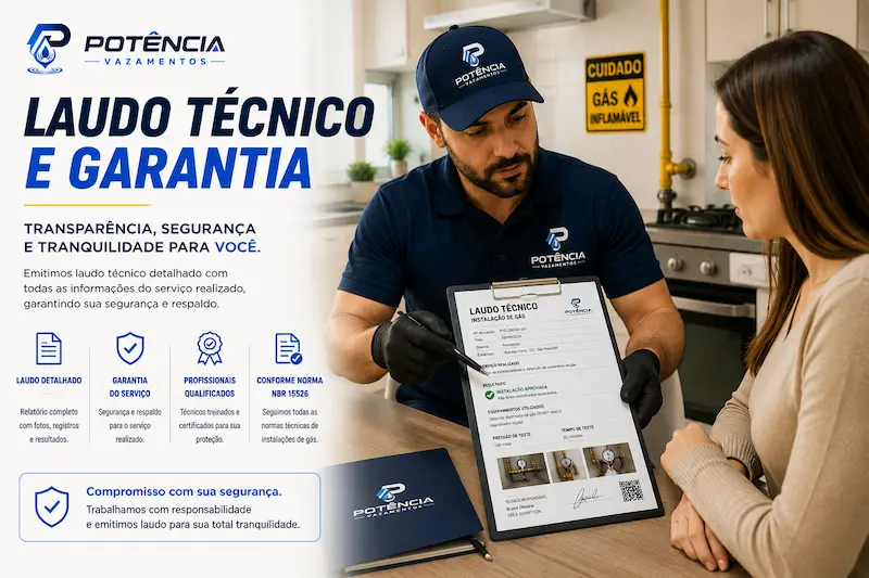 Técnico explicando laudo de instalação e vazamento de gás para cliente