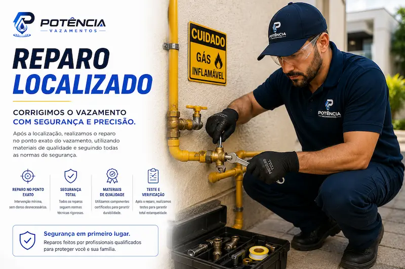 Técnico realizando reparo localizado em tubulação de gás