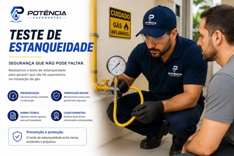 Técnico realizando teste de estanqueidade em uma instalação de gás