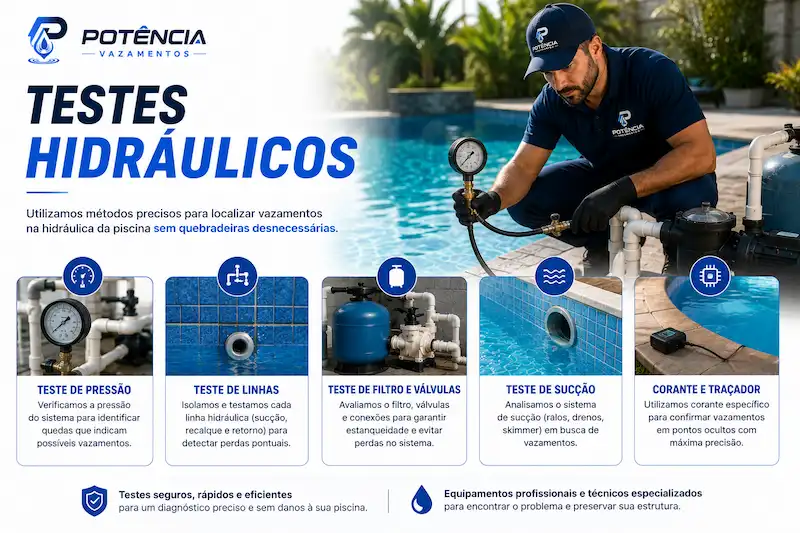 Técnico realizando testes hidráulicos nas tubulações de uma piscina